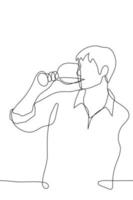 hombre en un camisa bebidas un vino bebida desde un vaso - uno línea dibujo. un catador o vino amante sorbos vino desde un vaso en un informal ajuste vector