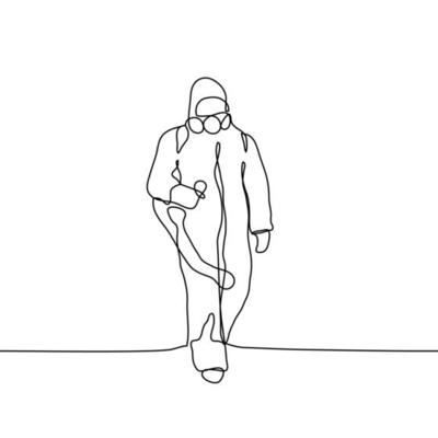Man wearing protective suits disinfecting space with spray chemicals to prevent the spreading of the coronavirus. One continuous black line art on white background