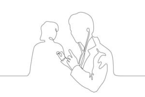 continuous line art silhouette of a male doctor doctor listening through patient's chest to stethoscope. Appointment with a doctor, medical examination. It can be used for animation. Vector