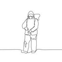 One continuous black drawing of a man in a protective suit with a mask and glasses holds in his hands a disinfector in working condition. Disinfection of space from bacteria, virus, coronavirus, dirt vector