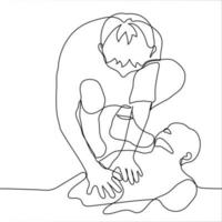 man is providing cardiopulmonary resuscitation to a man lying on the floor - one line drawing. First aid concept for cardiac arrest vector