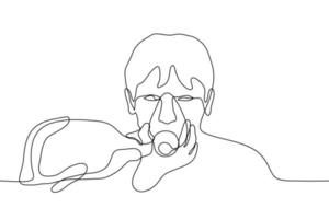 man with an oxygen mask through which he is given first aid. One continuous line art can be used for animation. Respiratory arrest, oxygen starvation, lung disease, pneumonia, medical care vector