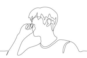 Portrait of a man in profile with a fist at his mouth. One continuous line art guy coughs into a fist, yawns hiding behind his fist, cover his mouth from surprise with surprise vector