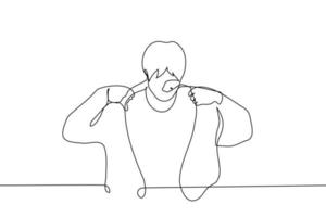 man pulls on or takes off his jacket with both hands - one line drawing vector. concept dress or undress, try on clothes vector