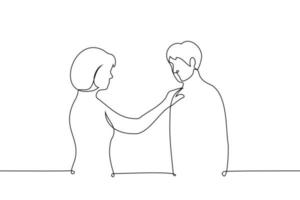 woman put her hand on the man's shoulder, they stand opposite each other - one line drawing vector. the concept of friendship between a man and a woman, support from a woman, couple vector