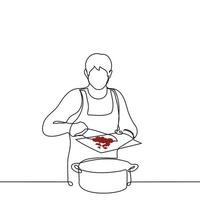 man adding sliced meat to the pan - one line drawing. concept cooking vector