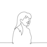 three quarters portrait of a woman - one line drawing. concept young long-haired woman smiling vector