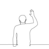 man stands with his back to the viewer raising his hand - one line drawing. concept forgive, leave, vote vector