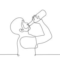 hombre soportes en perfil y bebidas desde un vaso botella - uno línea dibujo. concepto aplacar sed, bebida desde un botella vector