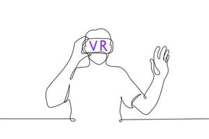 man in virtual reality glasses with VR inscription - one line drawing. concept user in augmented reality glasses vector