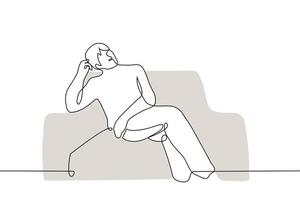 man lying on a sofa or armchair leaning his head with his hand - one line drawing vector. concept laziness, procrastination vector