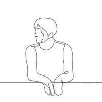 man looks into the distance leaning his elbows on the railing - one line drawing vector. concept reflection, observer vector