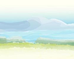 Watercolor painting, sea, mountains, meadow, beautiful, warm, comfortable for the eyes, imagination vector