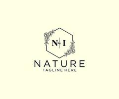 initial NI letters Botanical feminine logo template floral, editable premade monoline logo suitable, Luxury feminine wedding branding, corporate. vector