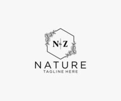 initial NZ letters Botanical feminine logo template floral, editable premade monoline logo suitable, Luxury feminine wedding branding, corporate. vector