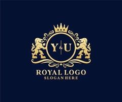 Initial YU Letter Lion Royal Luxury Logo template in vector art for Restaurant, Royalty, Boutique, Cafe, Hotel, Heraldic, Jewelry, Fashion and other vector illustration.