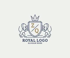 Initial ZQ Letter Lion Royal Luxury Logo template in vector art for Restaurant, Royalty, Boutique, Cafe, Hotel, Heraldic, Jewelry, Fashion and other vector illustration.