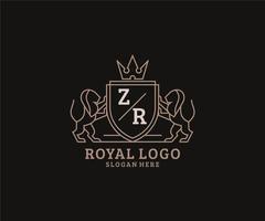 Initial ZR Letter Lion Royal Luxury Logo template in vector art for Restaurant, Royalty, Boutique, Cafe, Hotel, Heraldic, Jewelry, Fashion and other vector illustration.