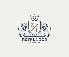 Initial ZI Letter Lion Royal Luxury Logo template in vector art for Restaurant, Royalty, Boutique, Cafe, Hotel, Heraldic, Jewelry, Fashion and other vector illustration.