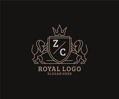 Initial ZC Letter Lion Royal Luxury Logo template in vector art for Restaurant, Royalty, Boutique, Cafe, Hotel, Heraldic, Jewelry, Fashion and other vector illustration.