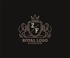 Initial ZF Letter Lion Royal Luxury Logo template in vector art for Restaurant, Royalty, Boutique, Cafe, Hotel, Heraldic, Jewelry, Fashion and other vector illustration.