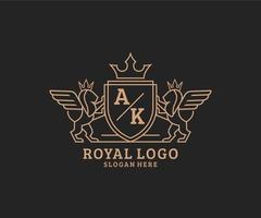 Initial AK Letter Lion Royal Luxury Heraldic,Crest Logo template in vector art for Restaurant, Royalty, Boutique, Cafe, Hotel, Heraldic, Jewelry, Fashion and other vector illustration.