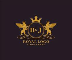 Initial BJ Letter Lion Royal Luxury Heraldic,Crest Logo template in vector art for Restaurant, Royalty, Boutique, Cafe, Hotel, Heraldic, Jewelry, Fashion and other vector illustration.