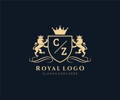 Initial CZ Letter Lion Royal Luxury Heraldic,Crest Logo template in vector art for Restaurant, Royalty, Boutique, Cafe, Hotel, Heraldic, Jewelry, Fashion and other vector illustration.