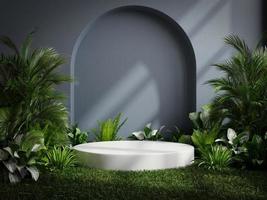 White podium in tropical forest for product presentation and on dark blue background.