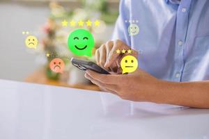 Customer services best excellent business rating experience online. User giving 5-star for satisfaction survey evaluation product service quality, satisfaction feedback review, good quality. photo