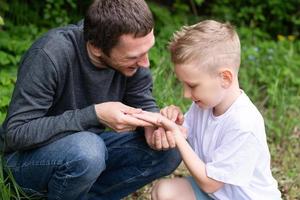 Dad found a bug and shows it to his little son photo