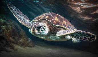Sea turtle swims under water photo