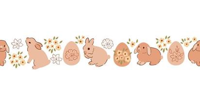 Floral rabbit bunny easter seamless border, cute hand drawn baby rabbits, easter eggs in pastel beige color repeat banner. Sweet spring holiday decorative frame vector design. Hare illustration.