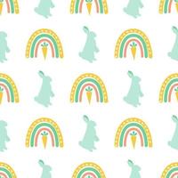 Easter rainbow rabbit bunny shape pattern. Spring floral easter seamless background. Spring happy easter wallpaper, package design. Cartoon vector illustration. Cute carrot and rainbows in green color