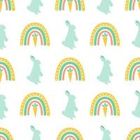 Easter rainbow rabbit bunny shape pattern. Spring floral easter seamless background. Spring happy easter wallpaper, package design. Cartoon vector illustration. Cute carrot and rainbows in green color