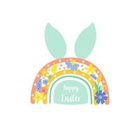 Easter rainbow with rabbit bunny ears. Floral easter graphic design element isolated. Spring flowers, hoppy easter text. Cartoon vector illustration. Meadow flowers and rainbows in mint green color.