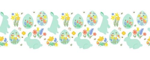 Easter horizontal seamless border pattern. Cute floral easter rabbit bunny eggs spring flowers. Eggs hunt repeated border. Cute easter rabbits on meadow floral background. Spring vector illustration.