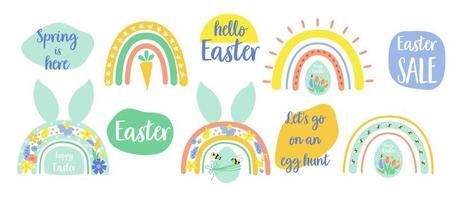 Easter rainbow set. Easter quotes in abstract shapes. Rabbit bunny ears. Spring floral easter graphic design element isolated. Happy Easter text sale hello lets hunt eggs. Cartoon vector illustration.