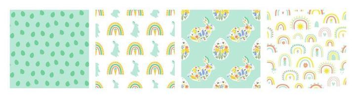 Easter rainbow rabbit bunny shape pattern set. Happy easter eggs print carrot seamless background collection. Spring happy easter wallpaper, package design. Floral cartoon vector illustration.