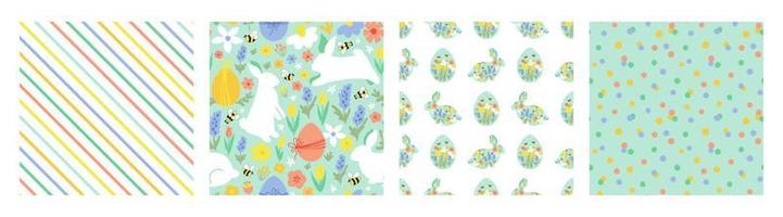 Floral easter rabbit pattern set. Floral easter bunny pattern collection. Diagonal striped lines, polka dot, easter eggs, spring flowers, rabbit bunny summer garden graphic design vector illustration.