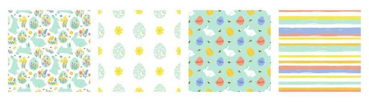 Floral Happy Easter pattern set. Rabbit bunny, eggs, daffodils tulips, bee garden print collection. Vector easter graphic design. Package paper, wallpaper, textile, lines texture, easter illustration.