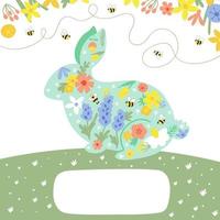 Easter poster template with floral rabbit bunny. Happy Easter invitation. Floral easter banner. Cute spring vector illustration with hare in cartoon style. Hand drawn rabbit, daffodils easter card.