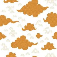 Asian clouds set gold color. Chinese traditional clouds collection, korean decorative element for design sky or pattern. Korean or japanese cloudy vector illustration isolated on white. Asian ornate.