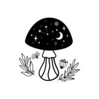 Celestial mushroom. Mystical boho mushroom with stars, moon. Black mushroom graphic element isolated. Magic line celestial mushroom, witch esoteric logo Cute astrology vector illustration