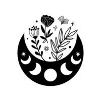 Moon phase flowers. Vector floral moon. Black crescent floral graphic element. Celestial boho drawing illustration. Moon phase and flowers black logo. Astrology moon shape design. Ramadan symbol.