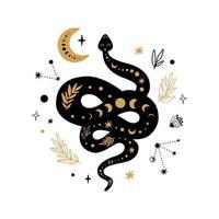 Mystic animal, moon floral serpent, celestial snake, mystical moon, stars isolated. Black gold colors. Floral snake Rustic serpent, flowers, leaves, moon. Halloween boho element. Vector illustration.