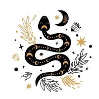 Floral snake vector. Mystic celestial serpent wildflowers, leaves, moon. Halloween boho element. Floral botanical design. Rustic serpent symbol. Gold, black snake. Reptile drawing illustration. vector