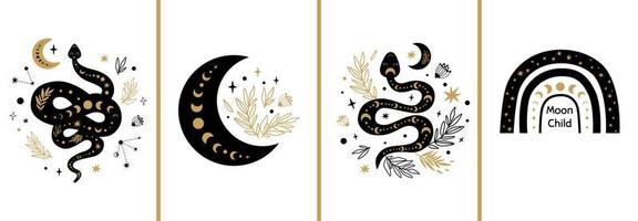 Mystic cards set. Mystical boho floral moon, animal, moon serpent, rainbow. Celestial elements collection. Esoteric logo. Black gold colors. Alchemy cards Floral snake Rustic vector illustration.
