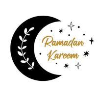 Ramadan moon and stars graphic element. Isolated moon shape, branch, stars. Celestial crescent for Ramadan. Black moon vector illustration. Celestial moon logo icon graphic design. Ramadan Kareem text