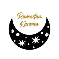 Ramadan moon graphic element. Isolated moon shape, branch, stars. Celestial crescent for Ramadan. Black moon vector illustration. Celestial moon icon, logo, graphic design, print. Ramadan Kareem text.